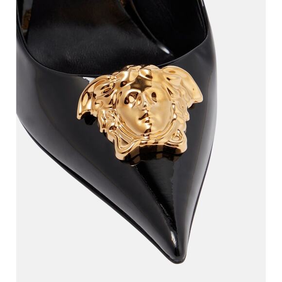Versace Medusa 37.5/ US 7.5 Gold Black Patent Leather Pointed Toe Pump NIB $995 - Picture 4 of 15